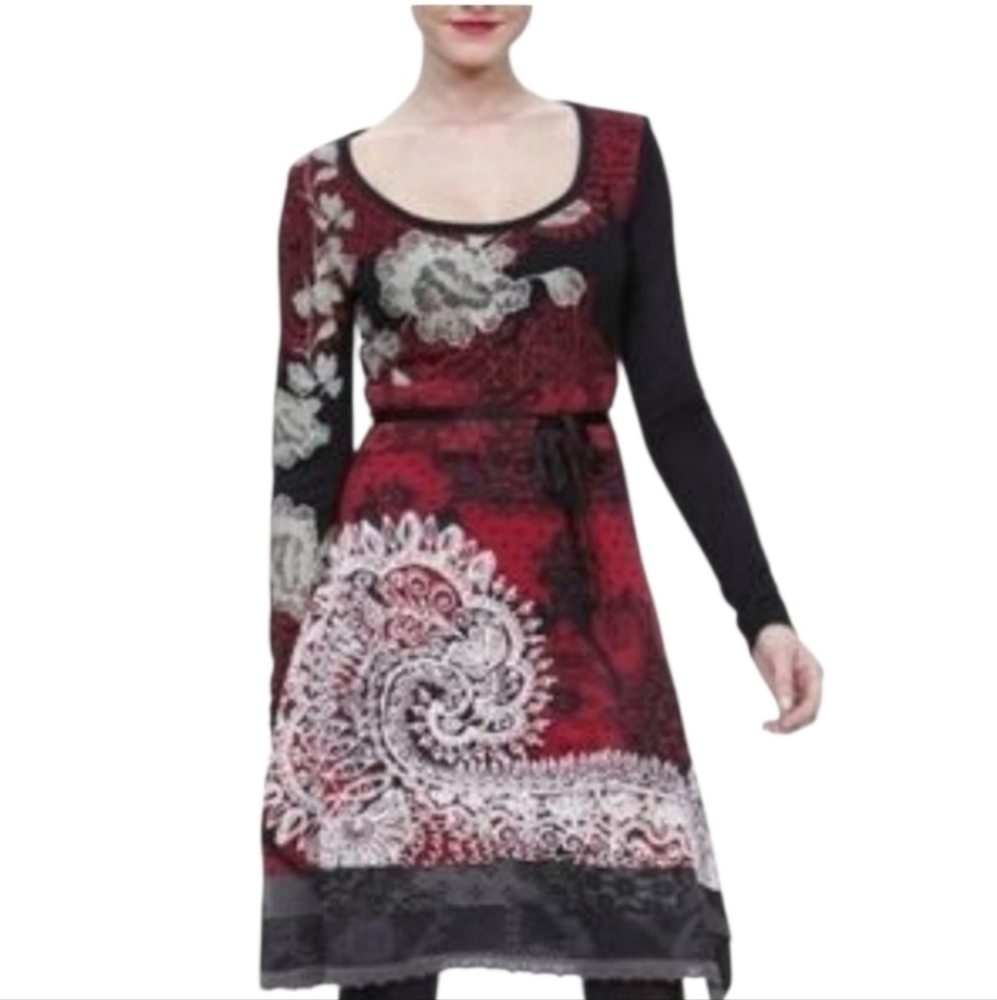 Desigual Dress Red Black Lace Print Long Sleeve Paisley Patterned